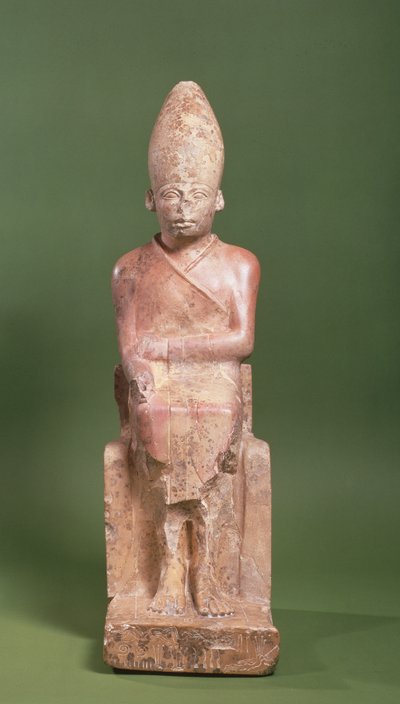 Seated statue of Pharaoh Khasekhem with conquered foes incised around the base, found at Hierakonpolis, c.2700 BC by Egyptian 2nd Dynasty